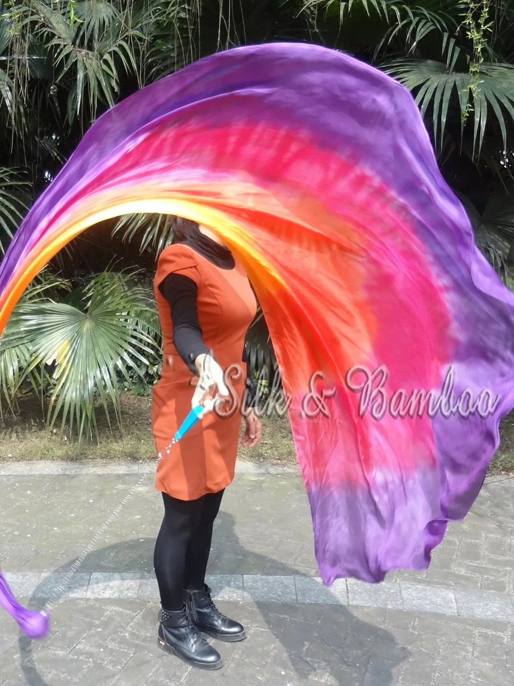 

half circle yellow-orange-red-pink-purple, 1pc 2.7m*1.1m detachable belly dance silk veil poi, real flowy silk!