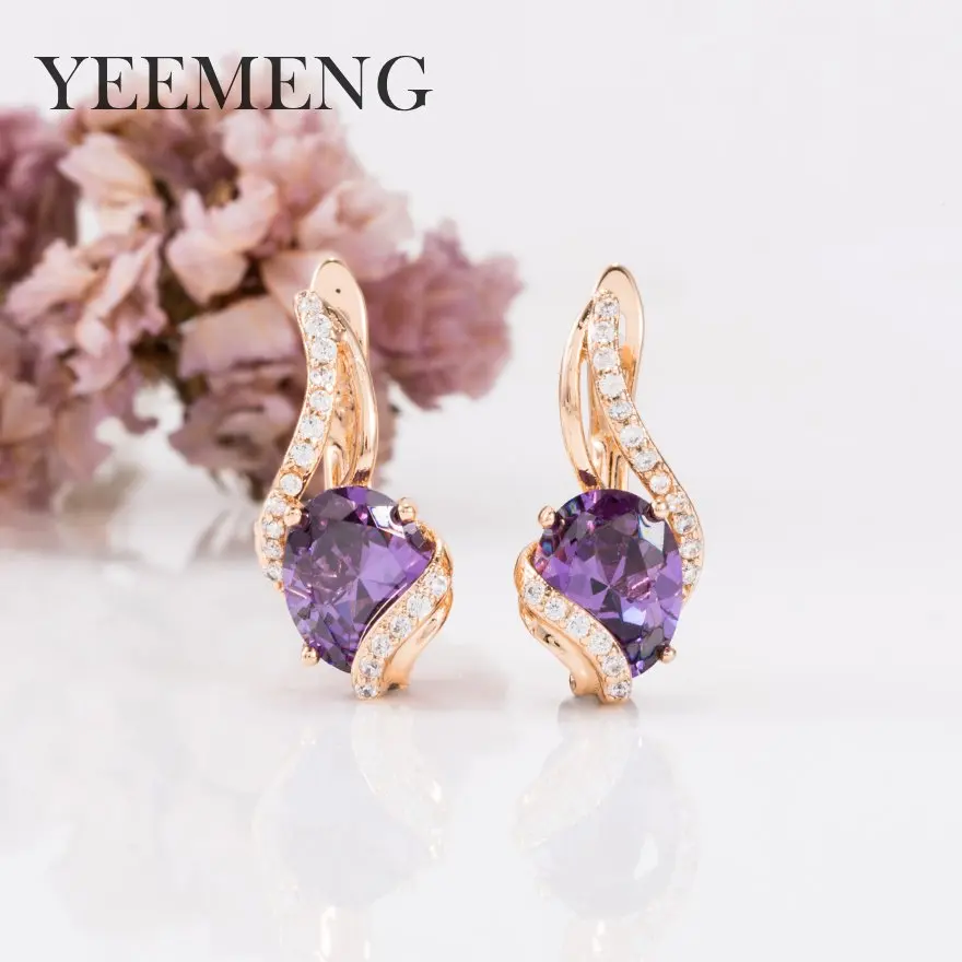 

YEEMENG New Round Clear Earrings Women Natural Zircon Party Fine Fashion Jewelry 585 Rose Gold Dangle Earrings