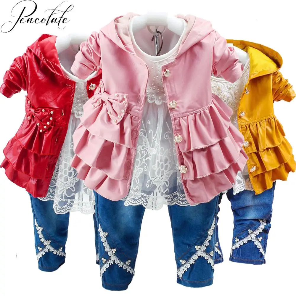 

6m-3Years Spring Autumn Baby Girls Clothing Set 3pcs Long Sleeve White Cotton T Shirt Pu Leather Hoodie Jacket and Denim Jeans