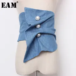 [EAM] 2019 новый осенне-зимний синий деним неправильный складной перламутровый задний эластичный индивидуальный широкий женский модный