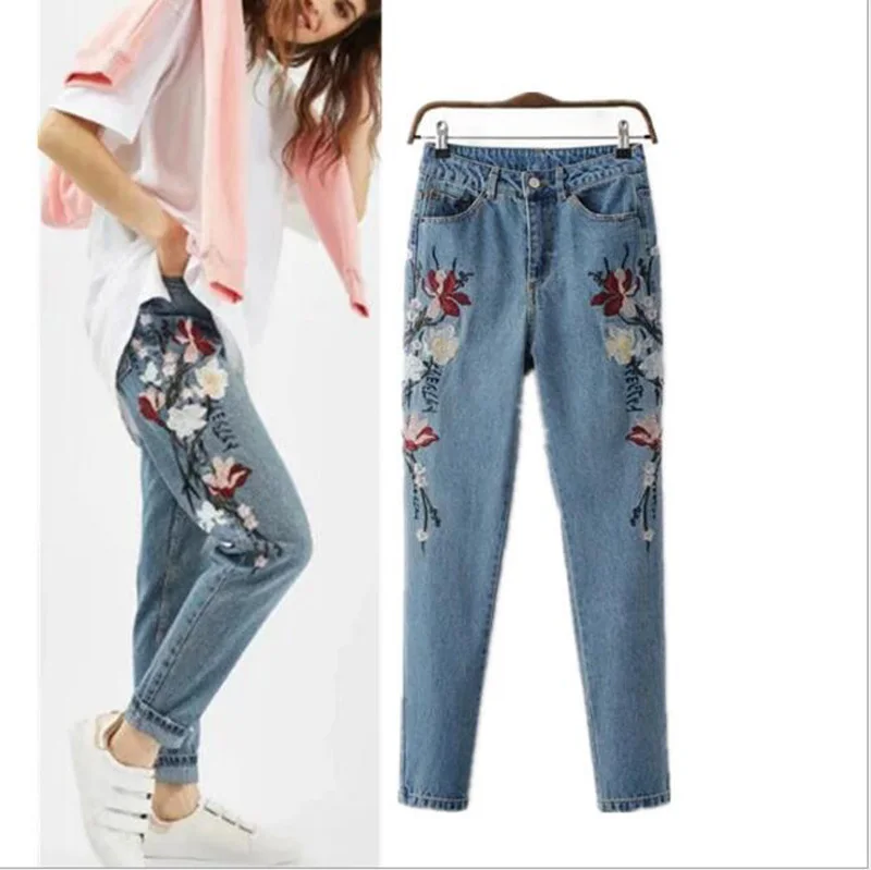 Women Floral Embroidered Jeans Autumn High Waist Slim Fit Pencil Pants