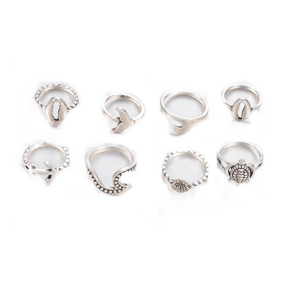 

8Pcs Retro Ring Turtle Seashell Fishtail Octopus Form Causual Ring Mood Finger Ring Unisex Adjustable Size Ring Jewelry Silver