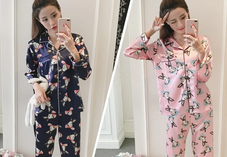 Женский атласный Шелковый пижамный комплект, летний пижамный комплект с принтом кролика, пижама с длинными рукавами, комплект одежды для