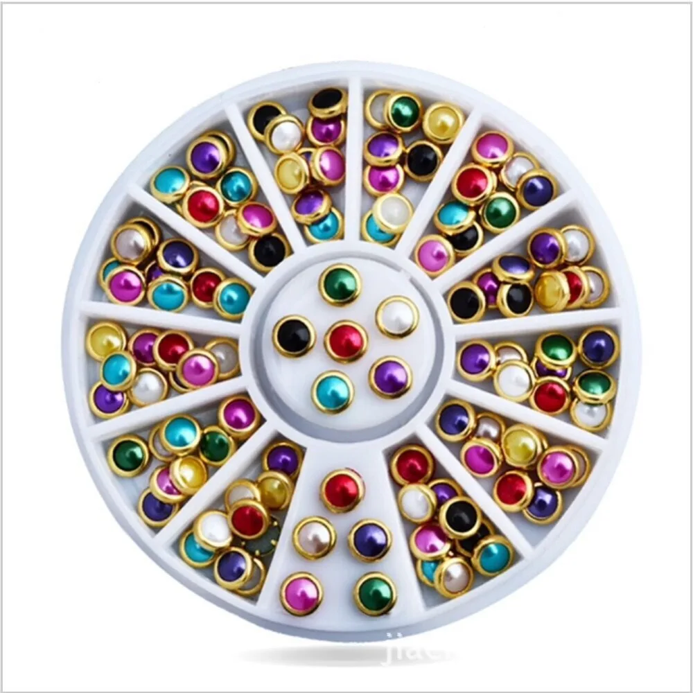 

4mm Assorted Color Pearl Rivet Mini Pearl Gems with Gold Accent Rims 3D Nail Art Flatback Bling Gems Resin Acrylic Flat back Dec