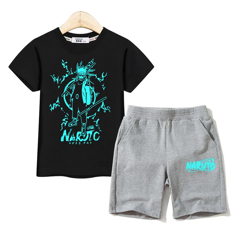 

Children outfits naruto boys clothing summer t-shirt +shorts boys sets fashion luminous costumes naruto tees pants kids suits
