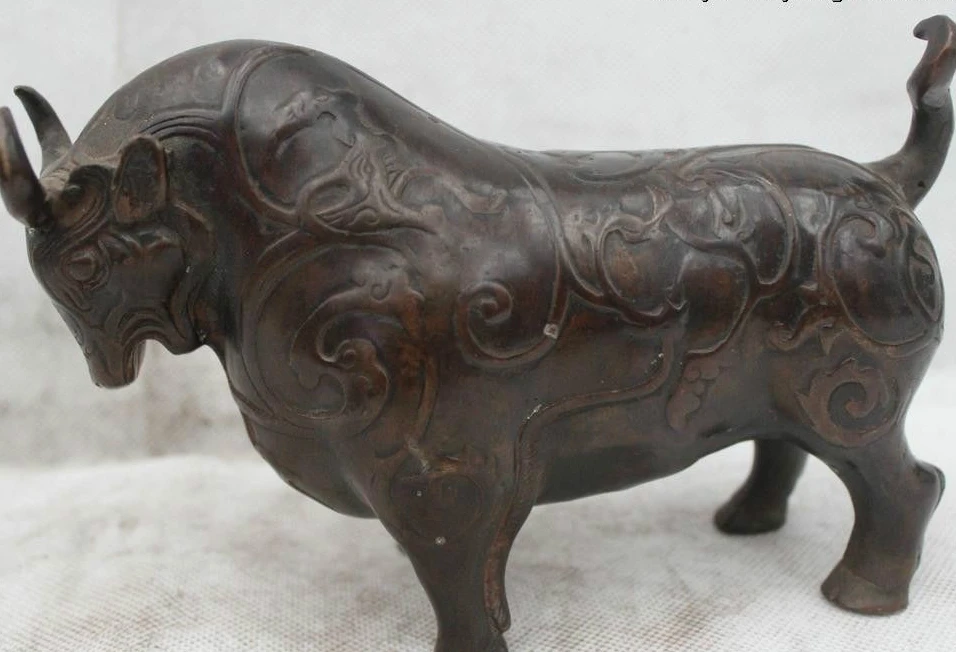 

5"Chinese Folk Fengshui Bronze Lucky Money drawing flower Ox Cattle Statue
