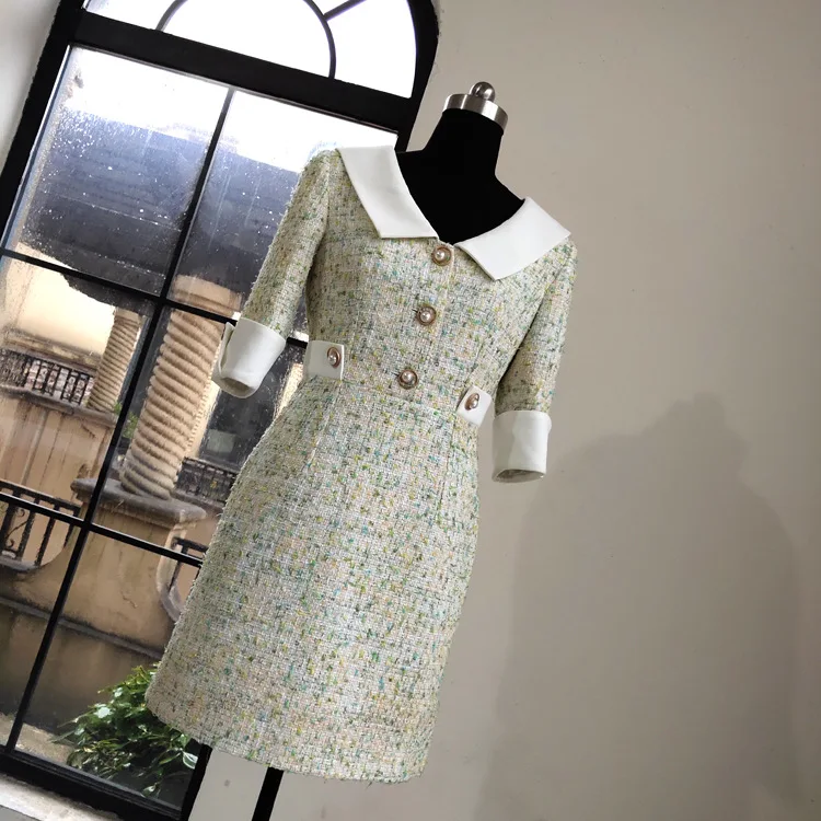 Осеннее женское высококачественное твидовое платье модное платье с воротником Питер Пэн платье в Корейском стиле с коротким рукавом A577