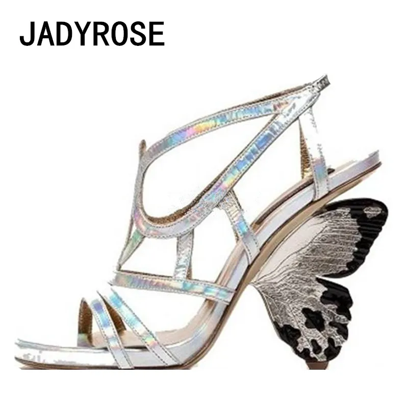 

Silver Genuine Leather Women Sandals Gladiator Hollow Out Summer Shoes Woman Butterfly High Heels Party Wedding Shoes Stilettos