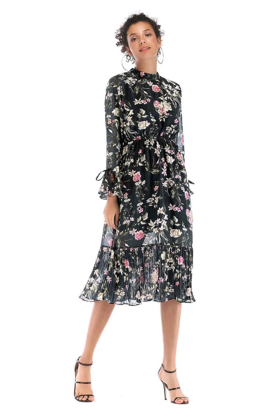 Gladiolus Floral Print Spring Autumn Women Dress 2019 O-Neck Lace Up Flare Sleeve Tunic Chiffon Dress Women Midi Party Dresses (10)