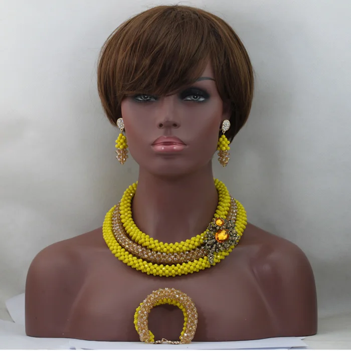 Hot Sale!Yellow Mix Champagne Crystal Beads Necklace Jewelry Set African Statement Wedding Free Ship QW052
