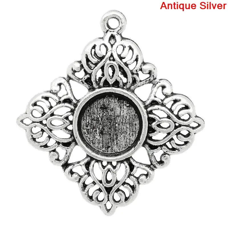 

Zinc metal alloy Charm Pendants Rhombus Antique Silver Cabochon Settings(Fits 10mm)3.3cm(1 2/8")x 3cm(1 1/8"),2 PCs new