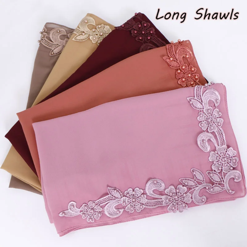 

Summer Malaysia Chiffon Hijab Scarf Plain Long Shawl Muslim Turban Female Head Scarf Exquisite Embroidery Islamic Voile 70x180cm