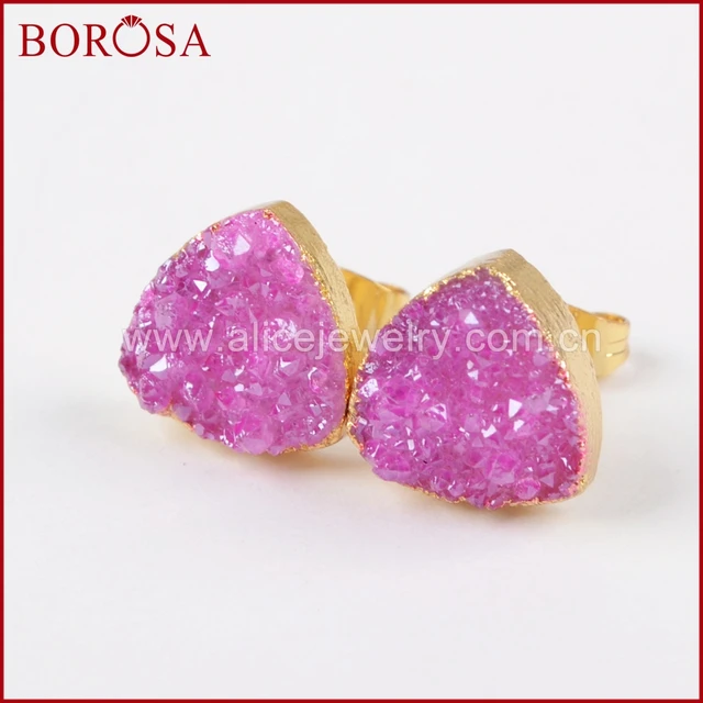 Us 29 37 11 Off Borosa 12mm Gold Druzy Stud Earrings For Women Whole Triangle Anium Rainbow Quartz Stone Drusy G1382 In Us 29 37 11 Off Borosa 12mm Gold Druzy Stud Earrings For Women Whole Triangle Anium Rainbow Quartz Stone Drusy G1382 In