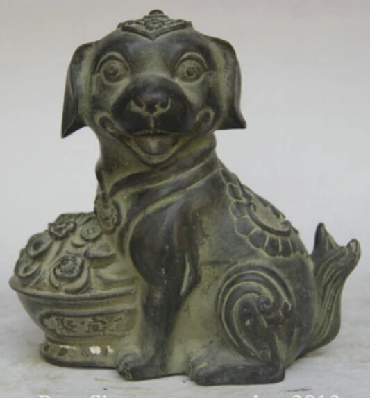 

6" Old Chinese Folk Bronze Zodiac Year Dog Treasure bowl Animal Statue Sculpture