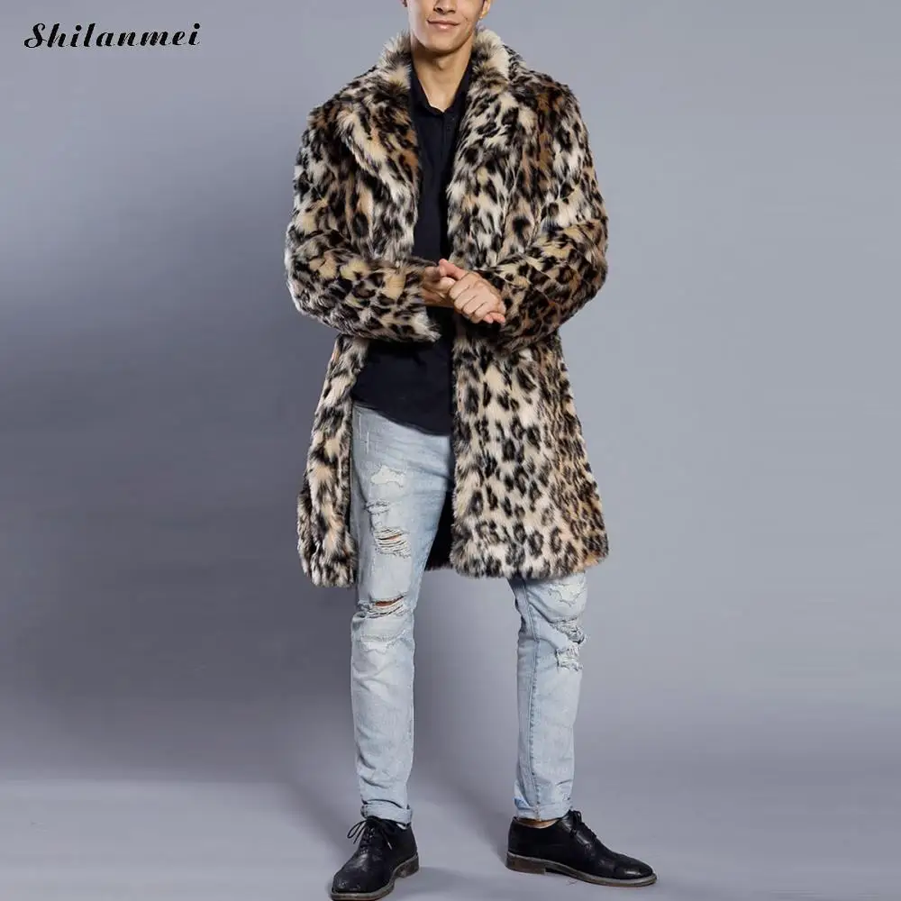 Fashion men's leopard coat winter thicken faux fur coats fluffy coat