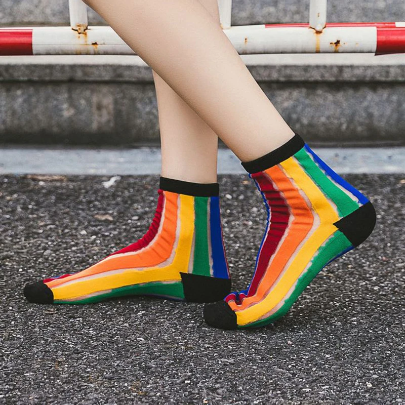

2019 New Summer Long Socks Rainbow color Crystal Wire Wild Thin Casual Socks For Women 2 Color Elastic Breathable Funny S