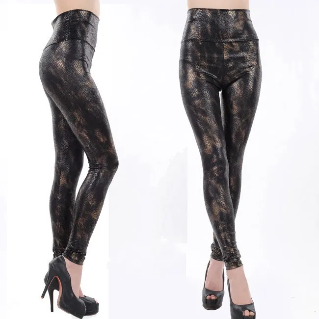 Готические женские леггинсы с высокой талией, сексуальные блестящие штаны из искусственной кожи со змеиным узором, бронзовые леггинсы в стиле панк, Прямая поставка
