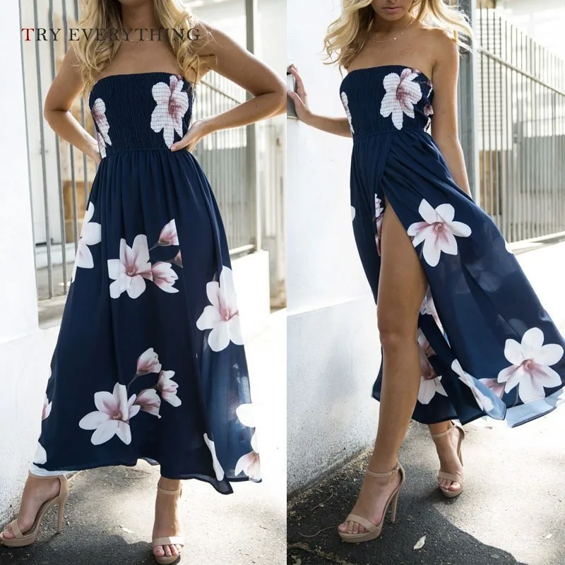 

Backless Sexy Dress Women Summer 2019 Strapless Blue Pleated Long Dresses Ladies Tunic Hight Split Floor Length Dress For Women