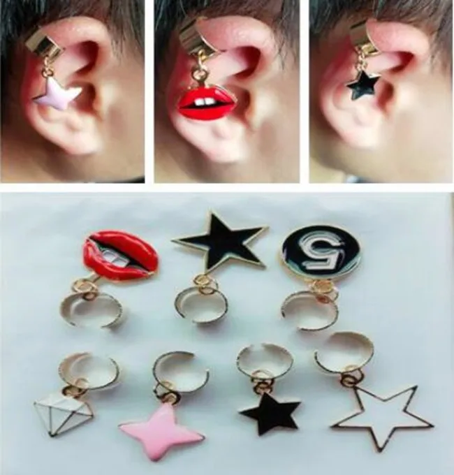 

ea1225 Europe Trendy simple alloy cross five-pointed star moon lips starfish Earless hole Ear clip female charm jewelry 1pcs
