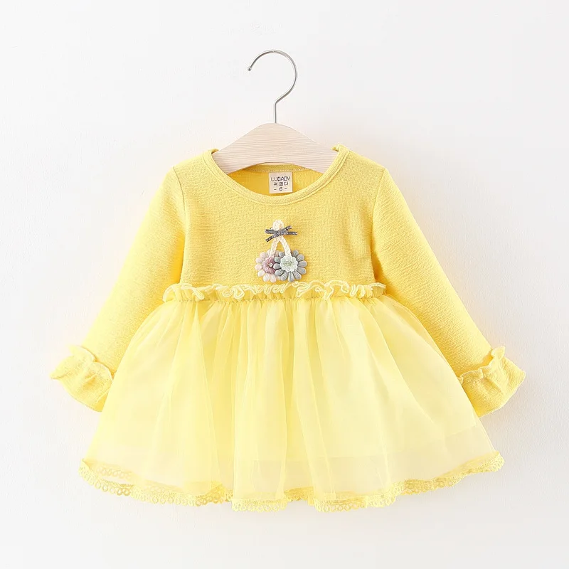 Весенне-осеннее платье с цветочным рисунком для маленьких девочек юбка в сетку с длинными рукавами для малышей корейское платье принцессы платье-пачка для девочек
