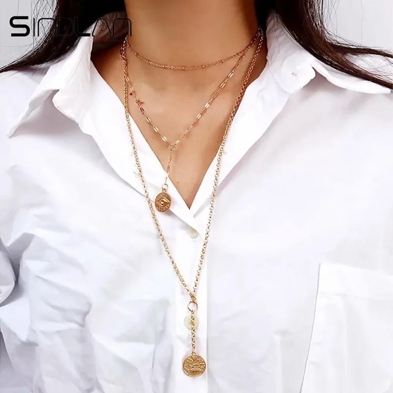 

Sindlan Vintage Long Pendant Eye Necklace for Women Gold Coin Charm Boho Tassel Necklace Silver 3 Layers Dangle Necklace Set