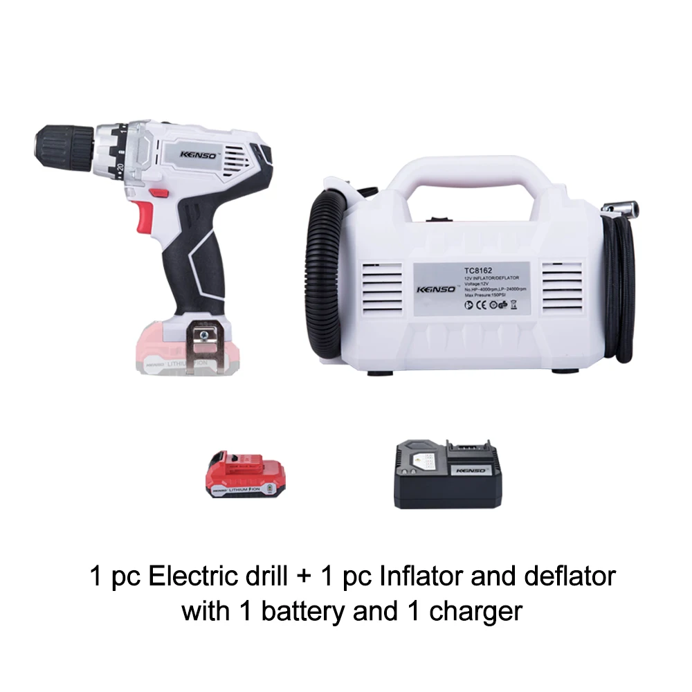 

Keinso 12V power tools set Inflator and deflator and Electric drill with one lithium battery and one charger