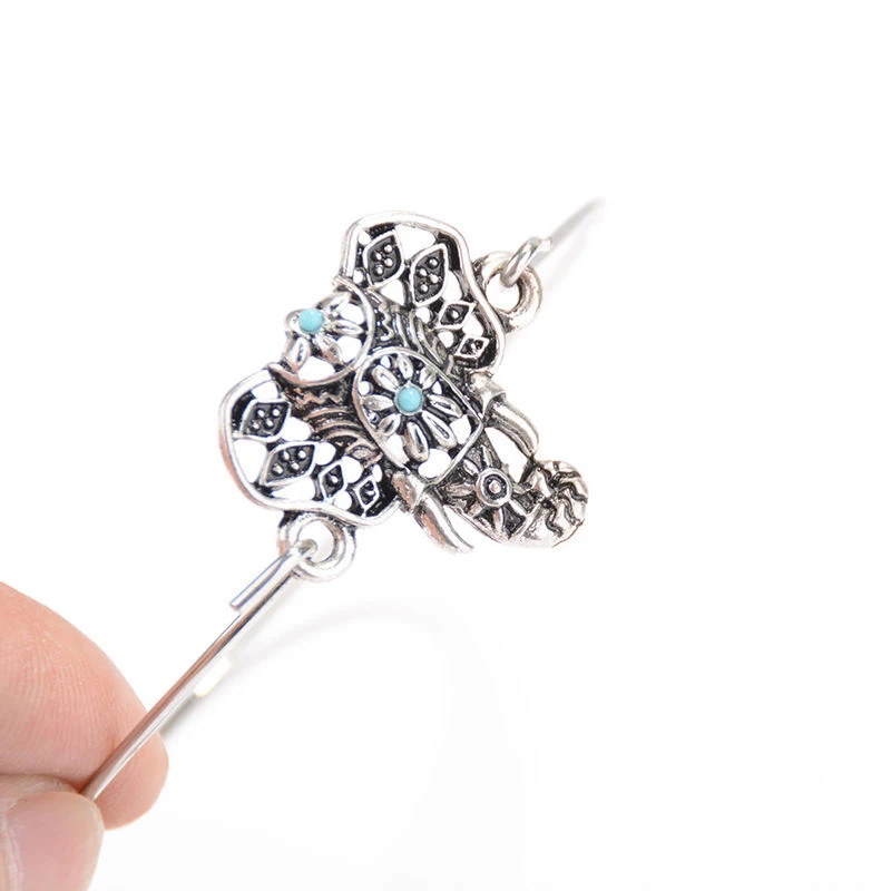 Women Retro Ethnic Boho Hollow Elephant Totem Bangle Bracelet Cuff Jewelry