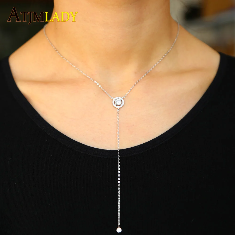 

Romantic Women Accessories Hot Fashion pure 925 silver Chain CZ Circle Lariat Necklace Long Strip Pendant Necklaces Jewelry