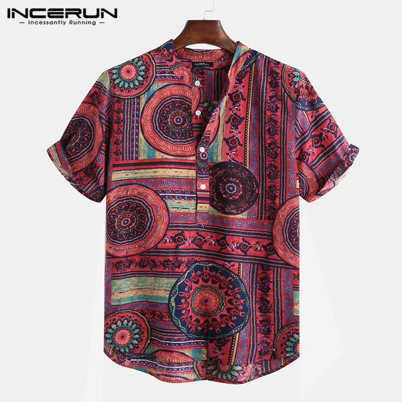 Men Shirt Ethnic Style Print Short Sleeve Stand Collar Camisa Masculina Casual Tops Streetwear Men Hawaiian Shirts INCERUN