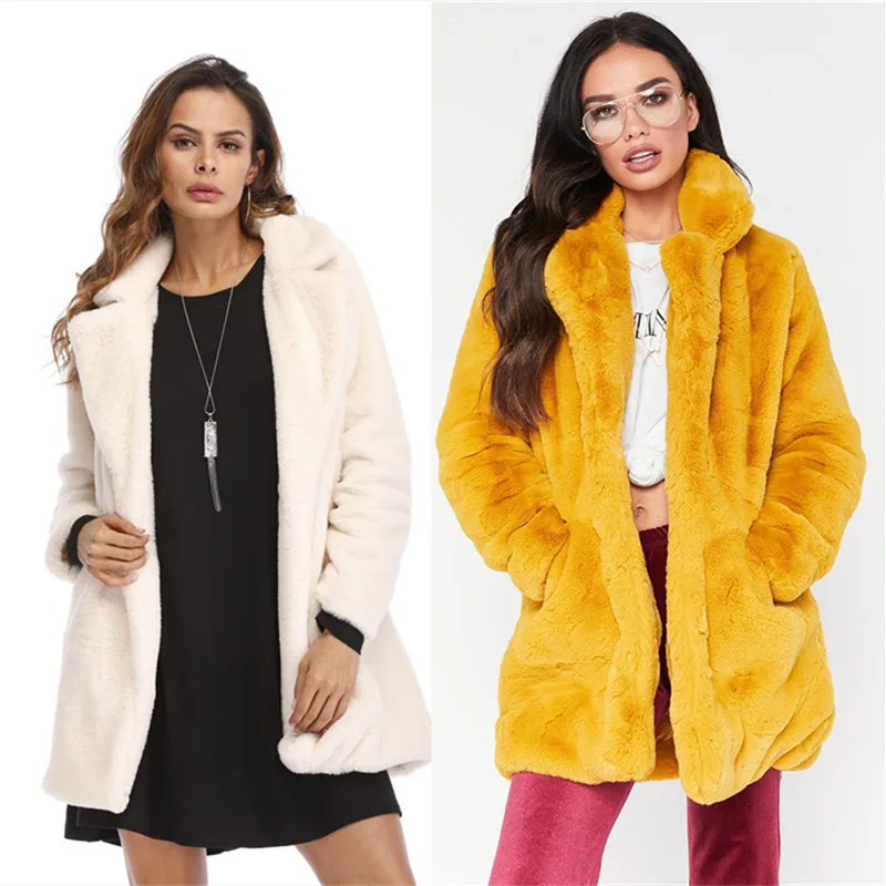 Пальто с мехом Зимние женские смесь пальто пушистого искусственного меха теплая верхняя одежда пальто куртка с длинными рукавами карманов