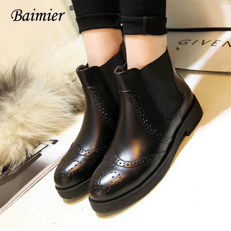 

Baimier Winter Retro Leather Ankle Boots For Women British Style Warm Plush Women Brogue Boots 2018 Fashion Brogue Shoes Woman