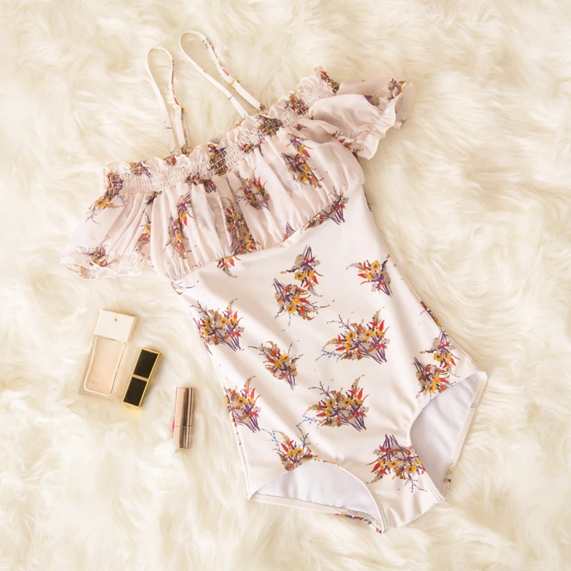 

2019 Print Beige Off Shoulder One Piece Swimsuit Women Sexy Sling Up Puff Sleeve Bathing Suit High Waist Bikini Swimwear