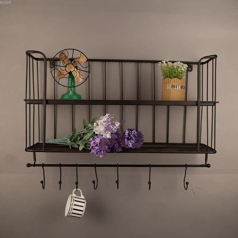 

Handicraft Iron Wall Shelf Retro Simple Furniture Double Layers Metal Wall Living Room Kitchen Storage Rack Wall Organizer