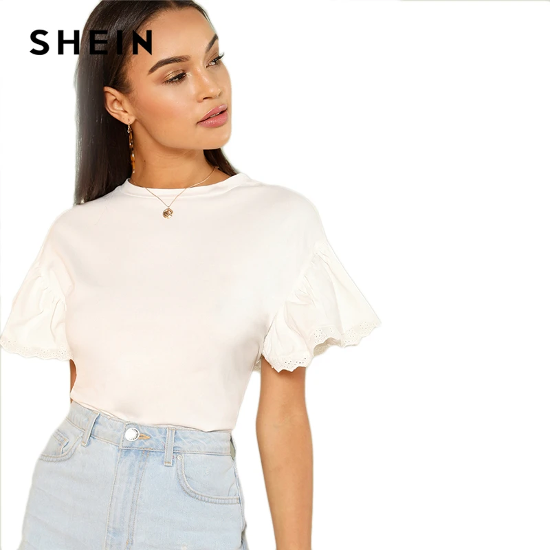 SHEIN White Elegant Round Neck Eyelet Embroidered Trim Ruffle Short Sleeve Solid T-shirt Summer Women Weekend Casual Tee Top