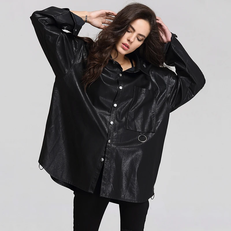 ESCALIEA Basic Jacket Women's Washed PU Leather Jacket Fashion Turn-down Collar Button Coats Free Size Casual Jacket