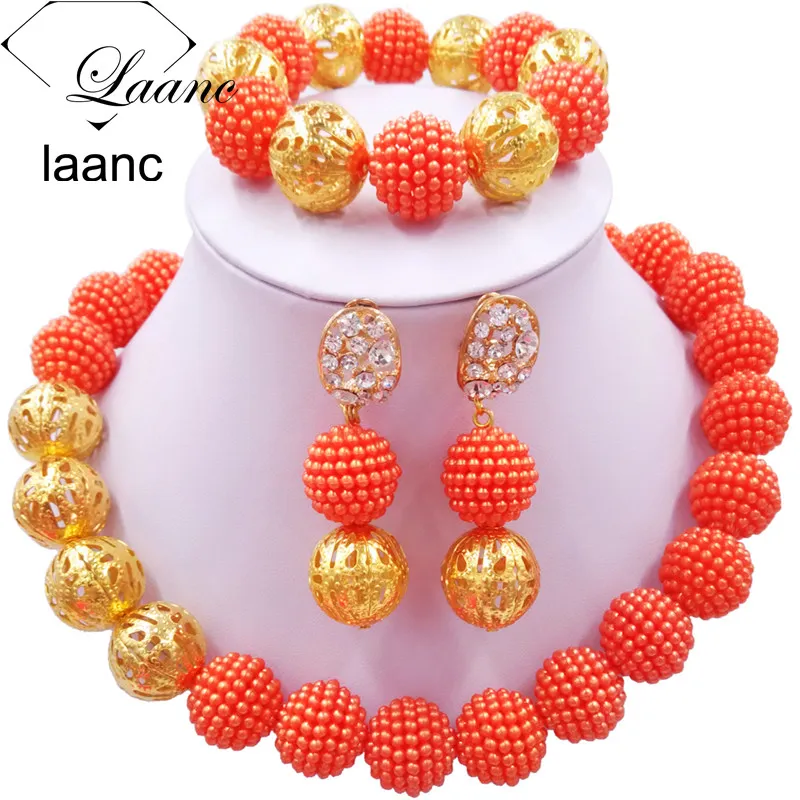 

Laanc Orange Jewelry Sets Nigerian Wedding African Beads Custome Jewelry Set for Women AL682