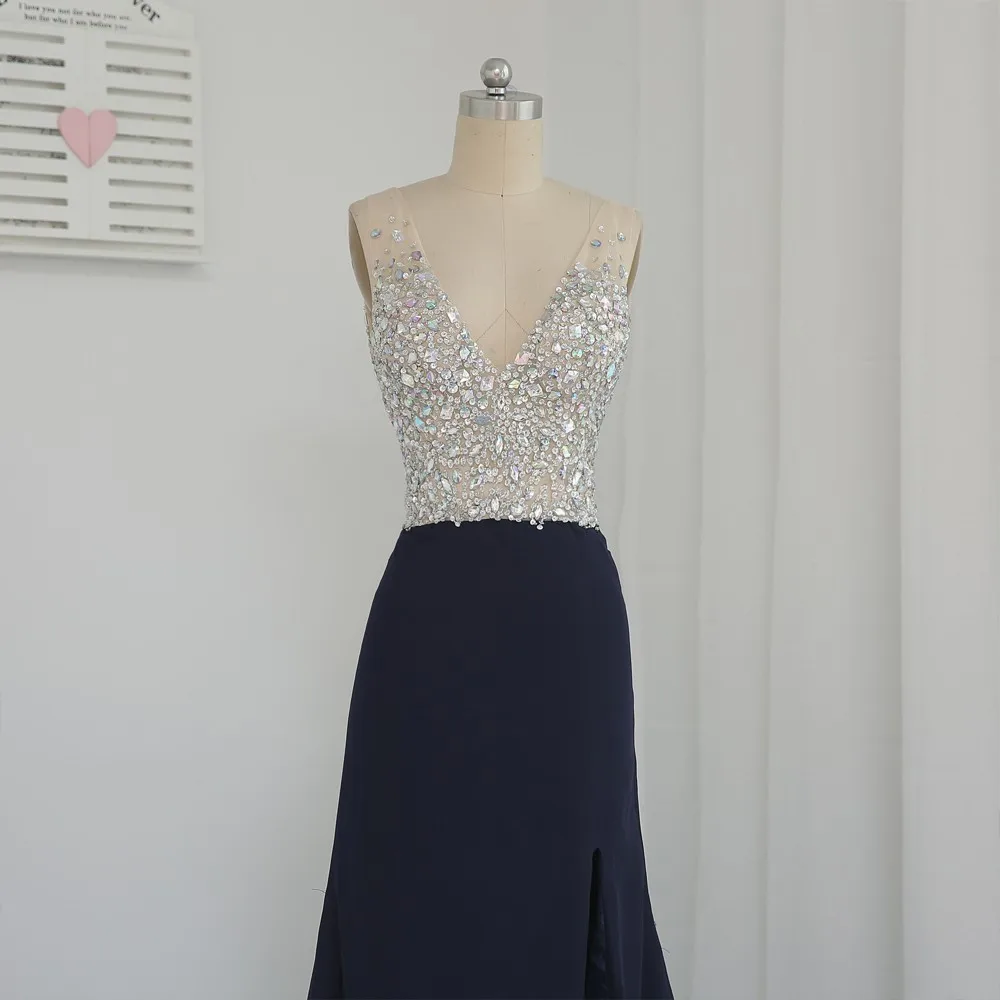 Сексуальное Платье De Soiree, платье-футляр с глубоким v-образным вырезом, украшенное бисером и кристаллами, темно-синие длинные платья для выпускного вечера, вечерние платья для выпускного вечера