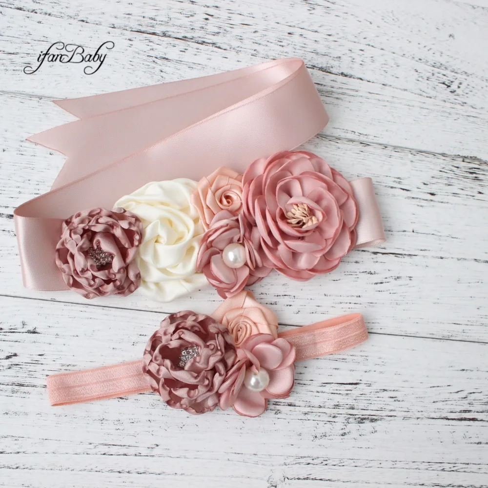 Fashion Burn flower Belt Girl Woman Sash Belt Wedding Sashes belt with flower headband 1 SET ladies designer belts