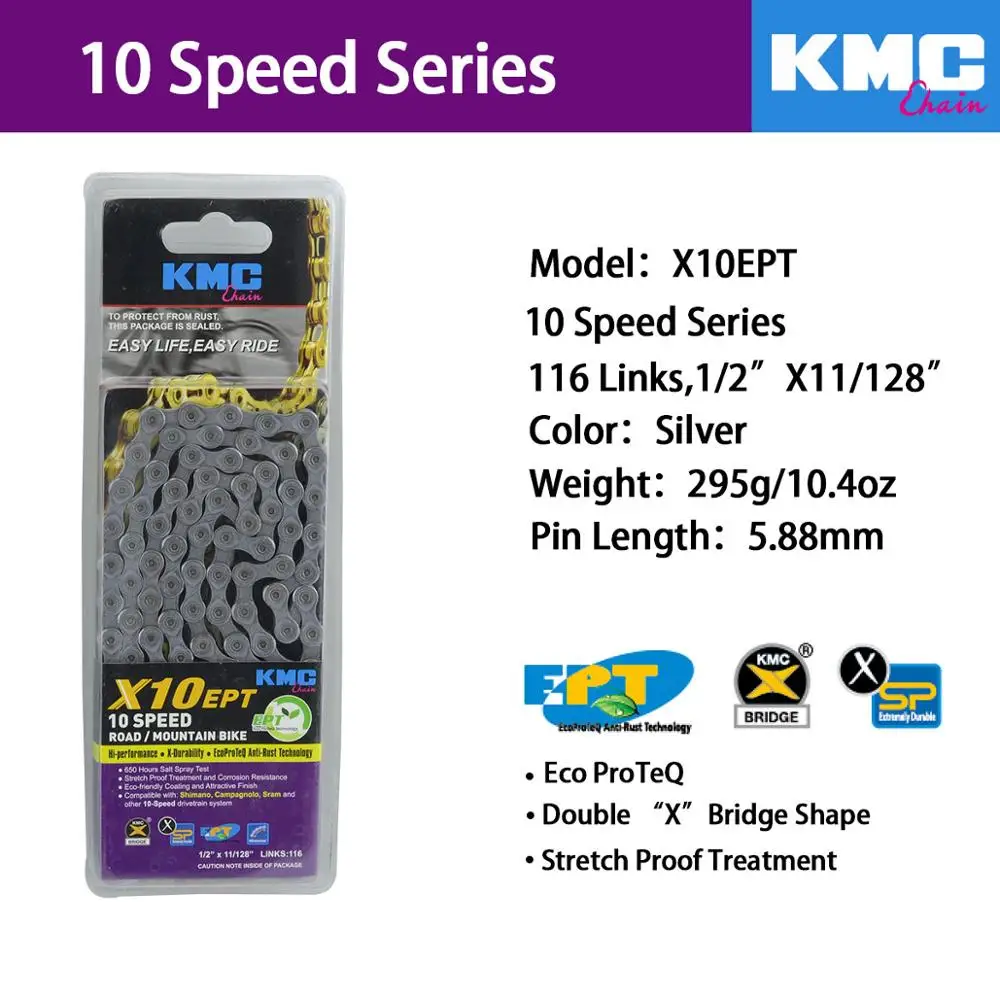 Цепь KMC X8 X9 X10 X10 EPT X9L X10L X11LBike 9S 10S 11S Gold для MTB/шоссейного велосипеда fo Shimano/SRAM 8 9 10 11 speed 116L/цепной велосипед - Цвет: X10EPT