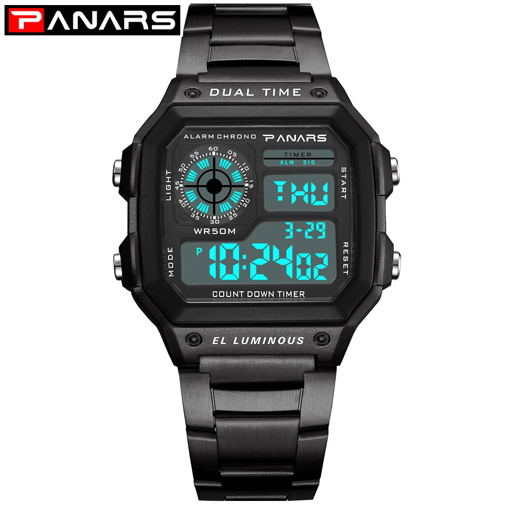 PANARS 50 M waterproof multi-function Спортивные часы квадратные модные электронные часы из нержавеющей стали