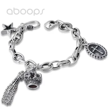 

Vintage 925 Sterling Silver Link Chain Bracelet with Tassel Crown Star Cross Charms for Women Girls 19cm Free Shipping