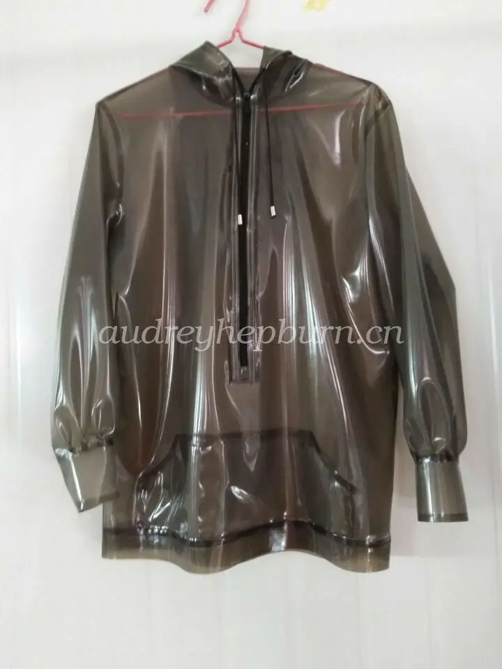 

100% Latex Rubber Gummi Anzug Handsome Cool Hooded Coat Smoke Gray Size XXS-XXL
