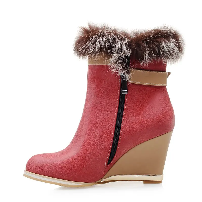 Sexy Faux Fur Wedge Heel Female Ankle Boots Pointed Toe Zip Women Boots