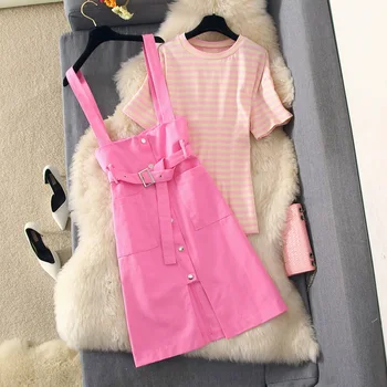 

Fashion Summer Dress Two-piece Set Womens Outfits Striped Short Sleeve T-shirt +denim Straps Pink Dress Ladies Sexy Dresses Suit