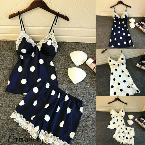 

Fashion Soft Elegant Sexy Women's Satin Silk Sleepwear Pajamas Nightdress Lingerie Night Spot Wave point Summer Sleepwear