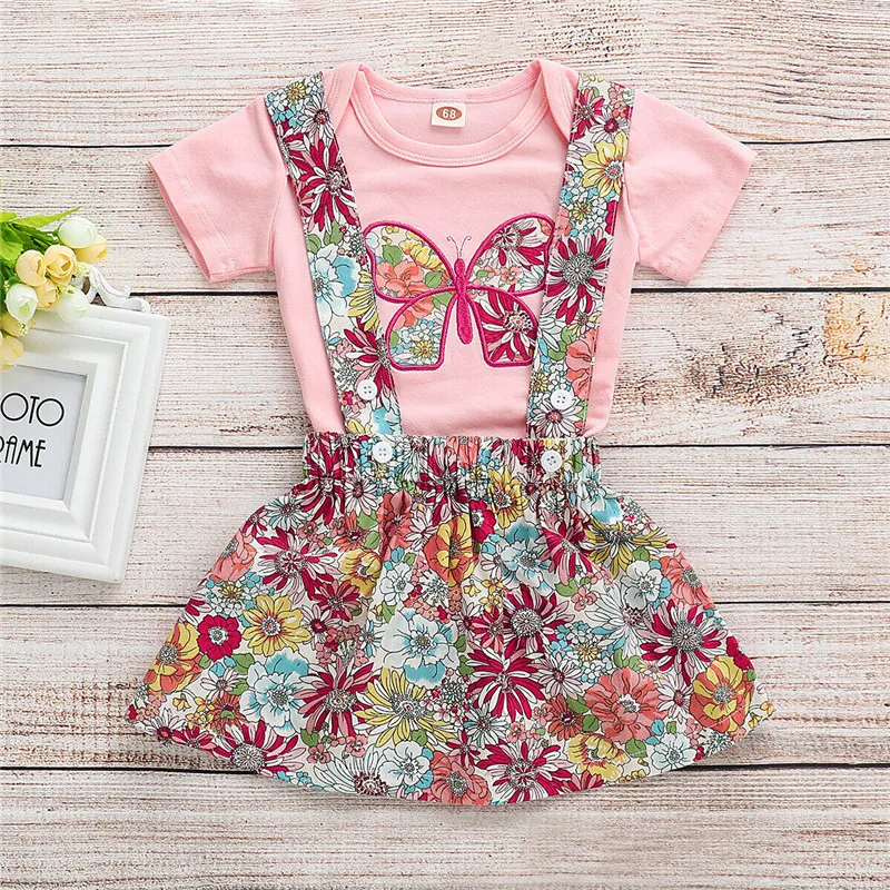 

Newborn Baby Cute Girsl Clothes Butterfly Printed Short Sleeve Pink T-shirt+ Flower Elastic Button Suspender Skirt 2Pc Sets