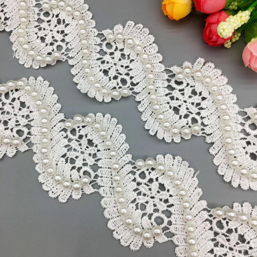 Leaf: 6.3 * 7.5 cm Qiuda 20pcs Flower Pearl Beaded Gauze Floral Lace Edge Trim Ribbon Vintage White Trimmings Fabric Embroidered Applique Sewing Craft Cake DIY Party Embellishment 2-1/2* 3 