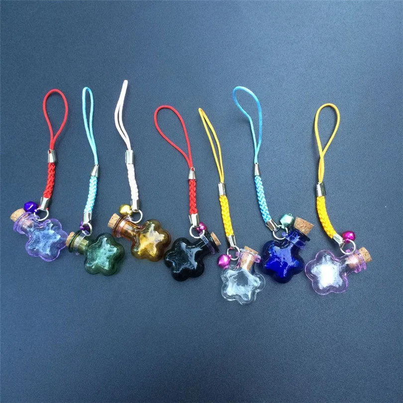 Mini Flowers Bottles Pendants with Nylon Rope Short Chains Mini Bell Bracelets Jars Glass Bottles Pendants Mixed Color 7pcs
