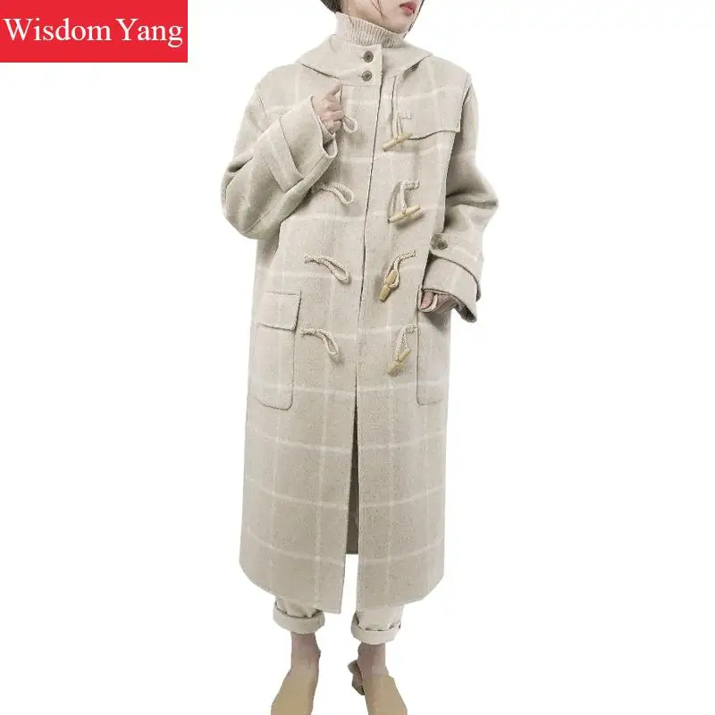 Beige Plaid Echte Schapenwol Jas Womens Hooded Oversize Losse Preppy Stijl Lange Dames Wollen Bovenkleding Jas Wollen Jassen Beige Plaid Echte Schapenwol Jas Womens Hooded Oversize Losse Preppy Stijl Lange Dames Wollen Bovenkleding Jas Wollen Jassen
