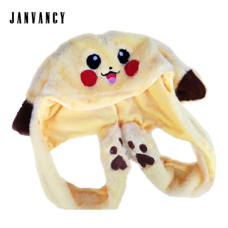 

Funny Pokemon Pikachu Harajuku Hat Pinch filled airbag Ear can move Cap Furry Plush Carton rabbit Hip hop Women Children Active